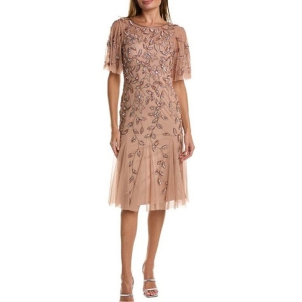 Adrianna Papell Dress woman beaded midi tulle rose gold formal ceremony Sz 8